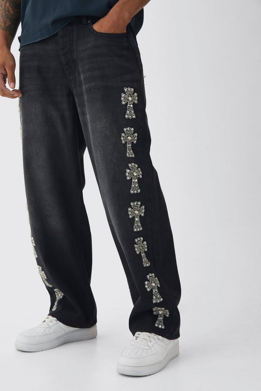 Baggy Rigid Embellished Cross Jeans | boohoo USA Baggy Rigid Embellished Cross Jeans | boohoo USA